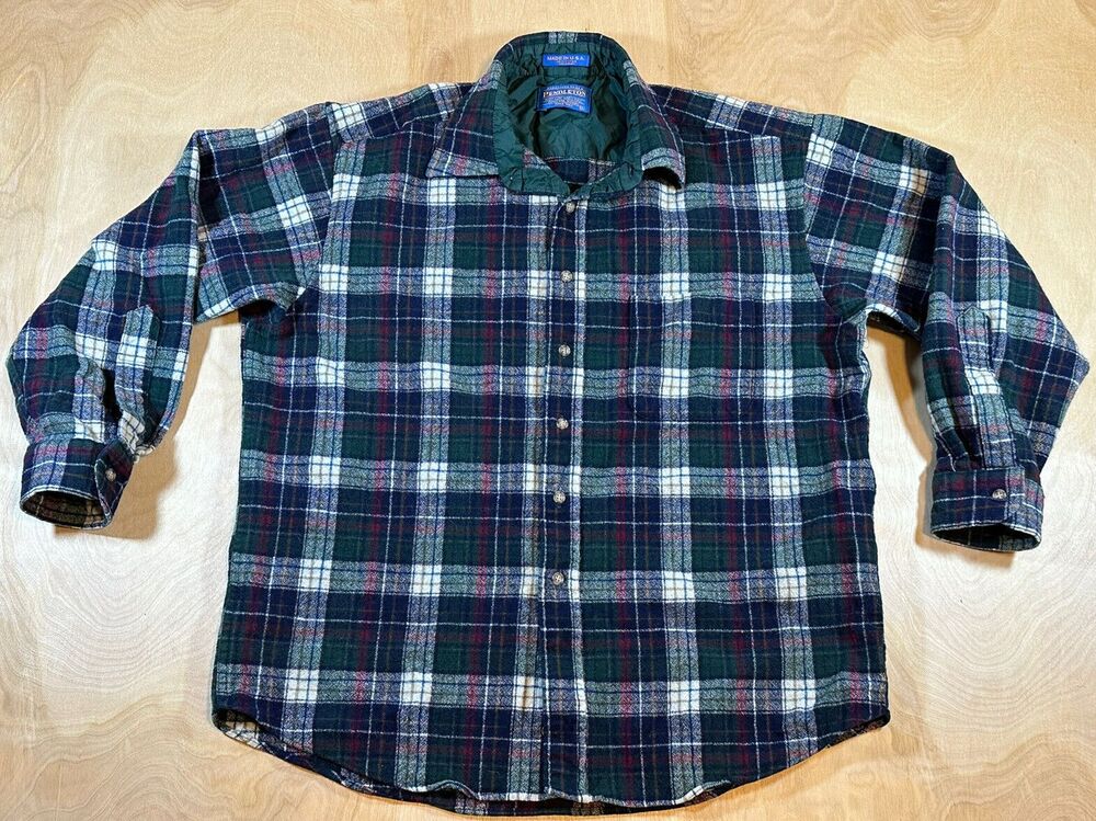 Pendleton Men's Long Sleeve Blue Green White  Plaid Shirt Virgin Wool XL USA